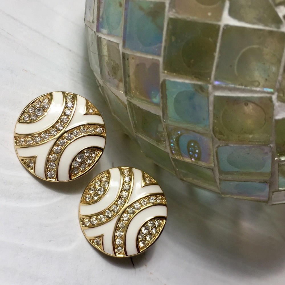 Vintage White and Gold Round Enamel Rhinestone Earrings